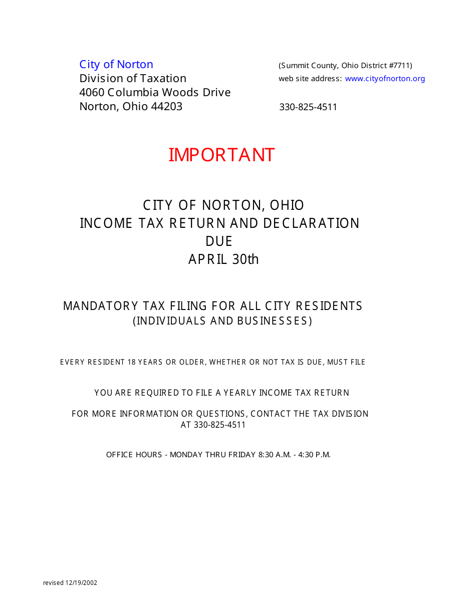 Tax Return and Declaration Form - City of Norton, Ohio, Page 1