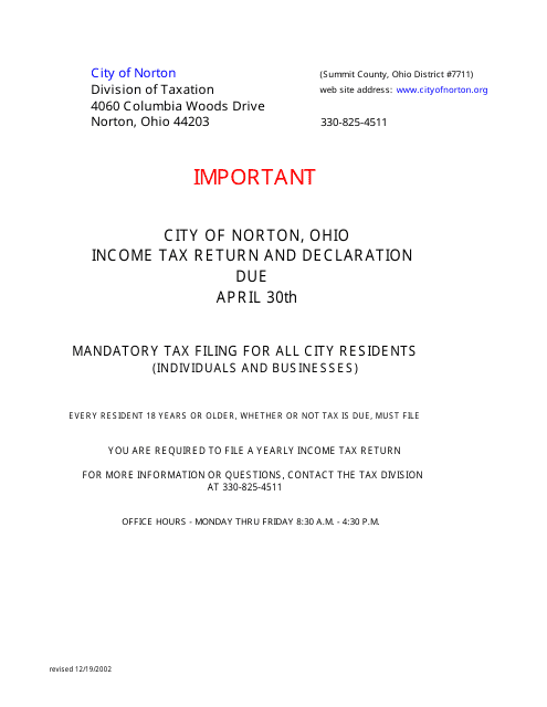 Tax Return and Declaration Form - City of Norton, Ohio