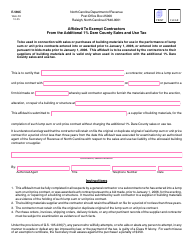 Document preview: Form E-589C Affidavit to Exempt Contractors From the Additional 1% Dare County Sales and Use Tax - North Carolina