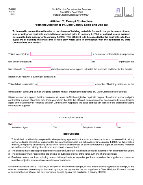 Form E-589C Affidavit to Exempt Contractors From the Additional 1% Dare County Sales and Use Tax - North Carolina