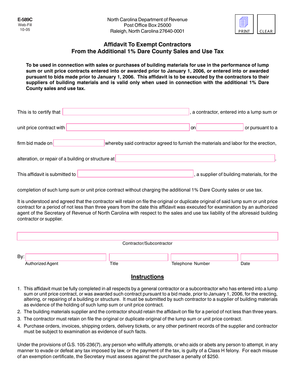 Form E-589C Affidavit to Exempt Contractors From the Additional 1% Dare County Sales and Use Tax - North Carolina, Page 1