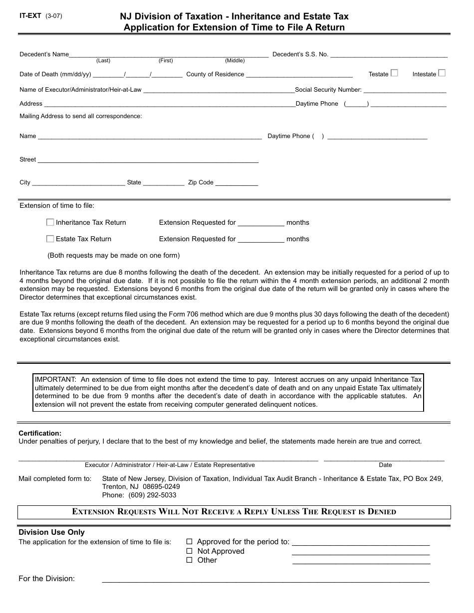 Form IT-EXT Inheritance and Estate Tax Application for Extension of Time to File a Return - New Jersey, Page 1