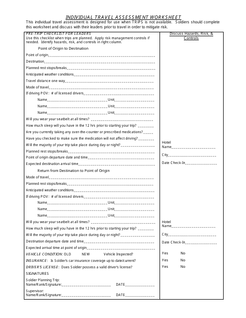 Individual Travel Assessment Worksheet Template Download Printable PDF