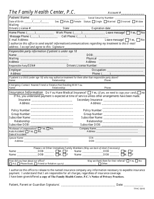 Health Insurance Application Form - Family Health Center, P.c. Download Pdf