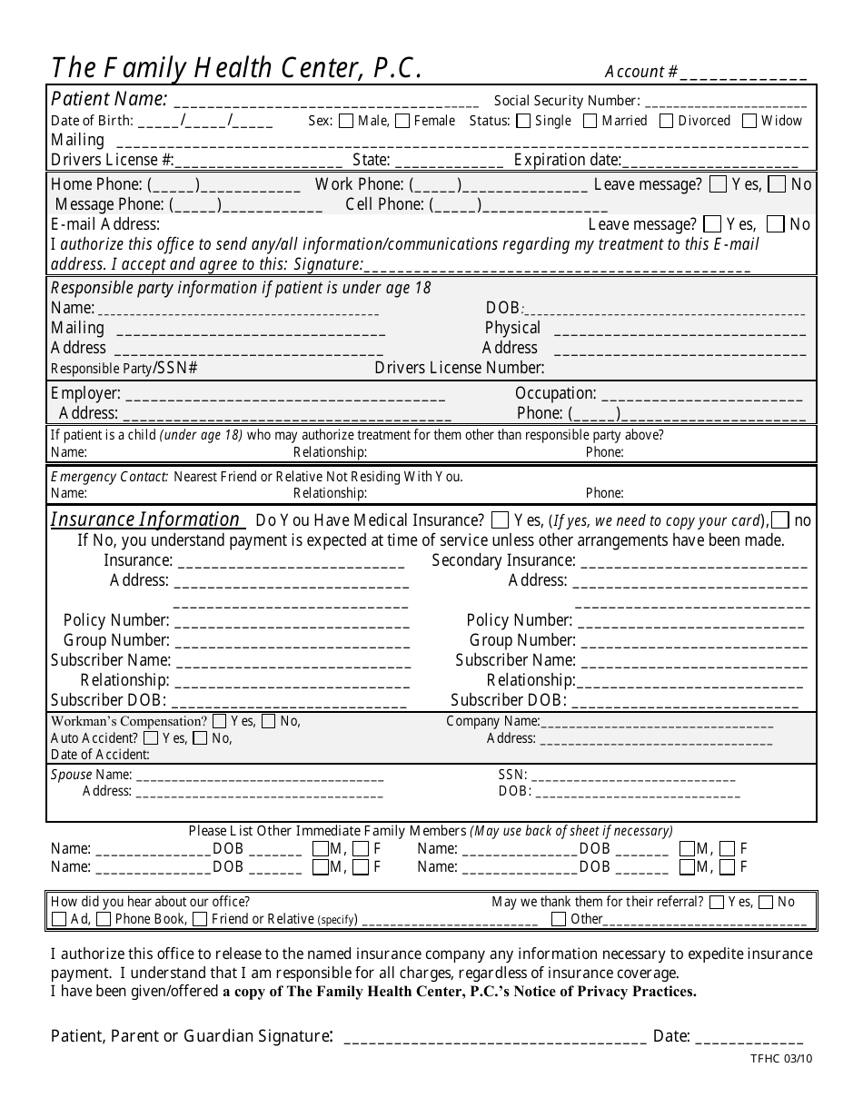 Health Insurance Application Form - Family Health Center, P.c. Download ...