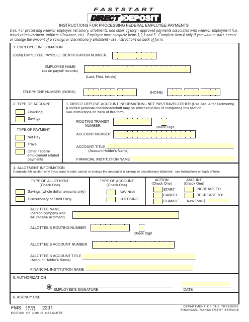 Form 2231 Fastart Direct Deposit Form