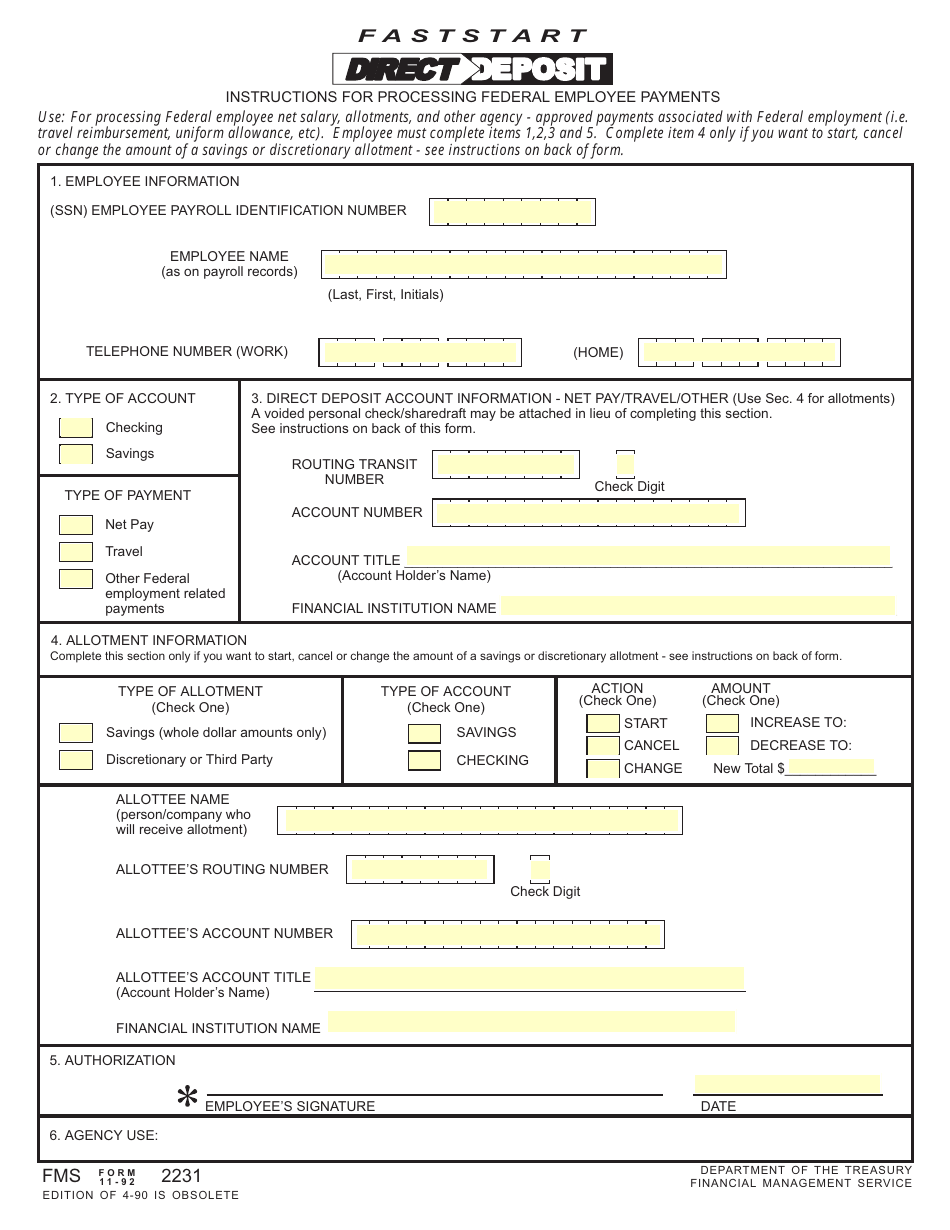 form 2231 download fillable pdf or fill online fastart direct deposit