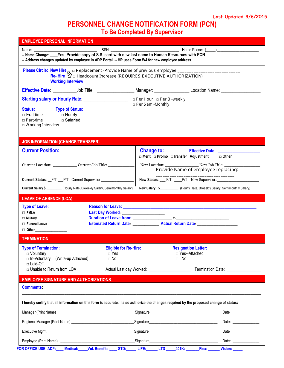 Personnel Change Notification Form (Pcn), Page 1