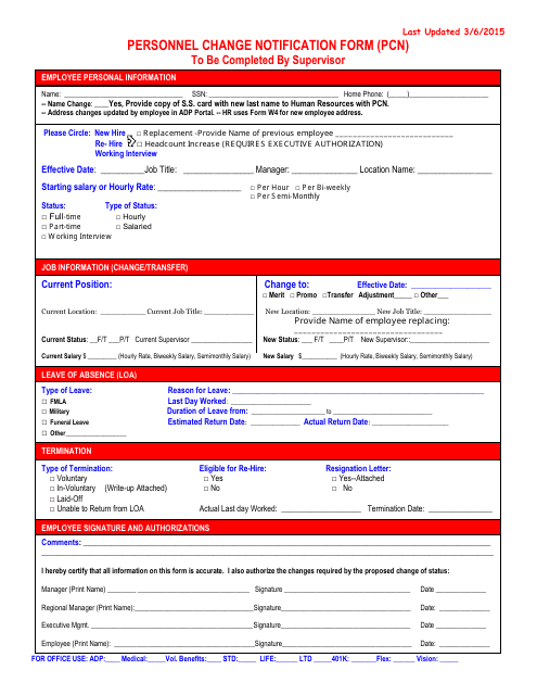 Personnel Change Notification Form (Pcn)