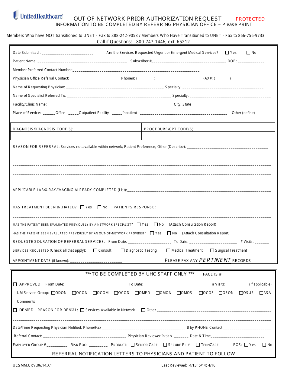 Form UCSMM.URV.06.14.A1 Out of Network Prior Authorization Request - Unitedhealthcare, Page 1