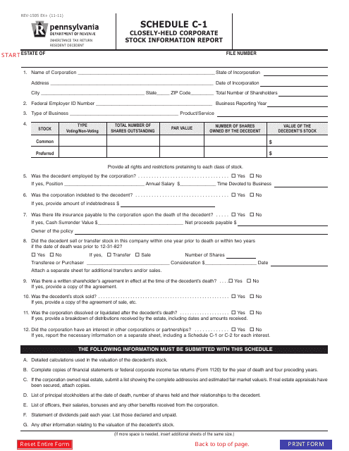 Form REV-1505 Schedule C-1 Closely-Held Corporate Stock Information Report - Pennsylvania