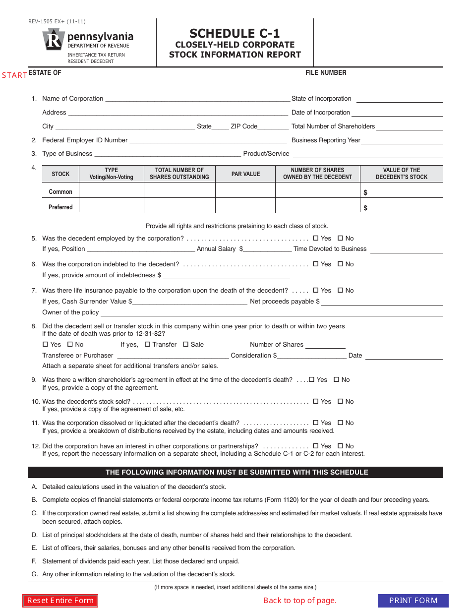 Form REV-1505 Schedule C-1 Closely-Held Corporate Stock Information Report - Pennsylvania, Page 1