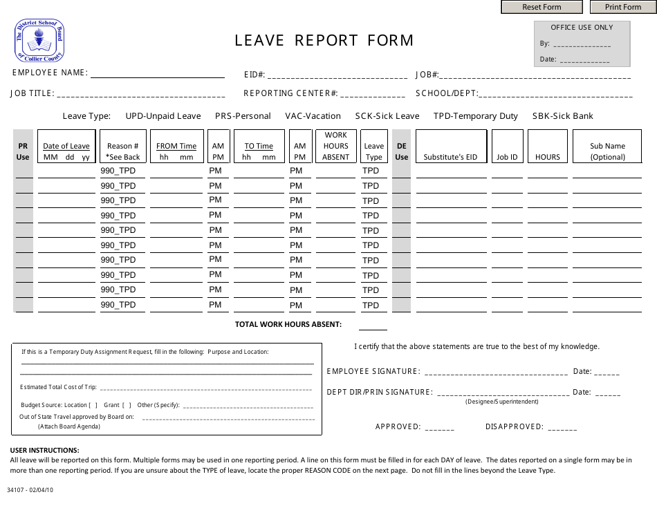 Leave Report Form - District School Board of the Collier County, Page 1