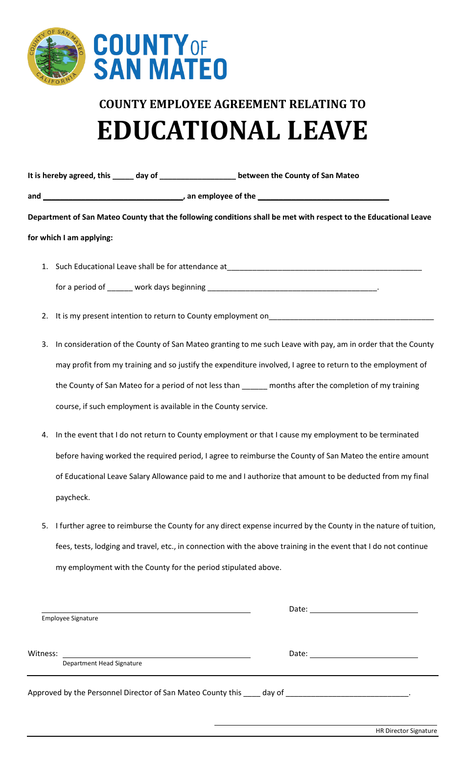 County Employee Agreement Relating to Educational Leave - County of San Mateo, California, Page 1