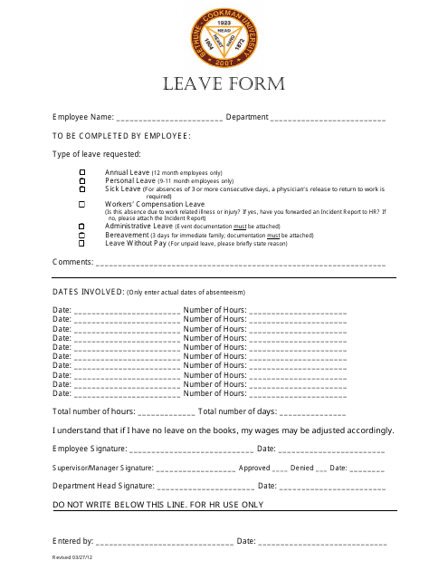 &quot;Employee Leave Form - Cookman University&quot; Download Pdf