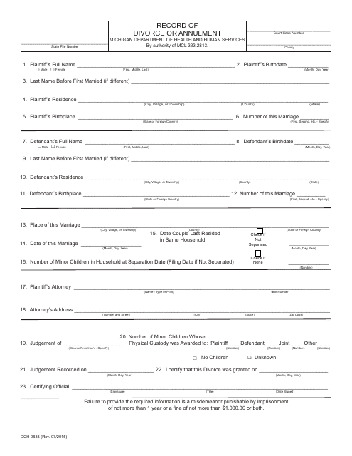 Form DCH-0838 Record of Divorce or Annulment - Michigan