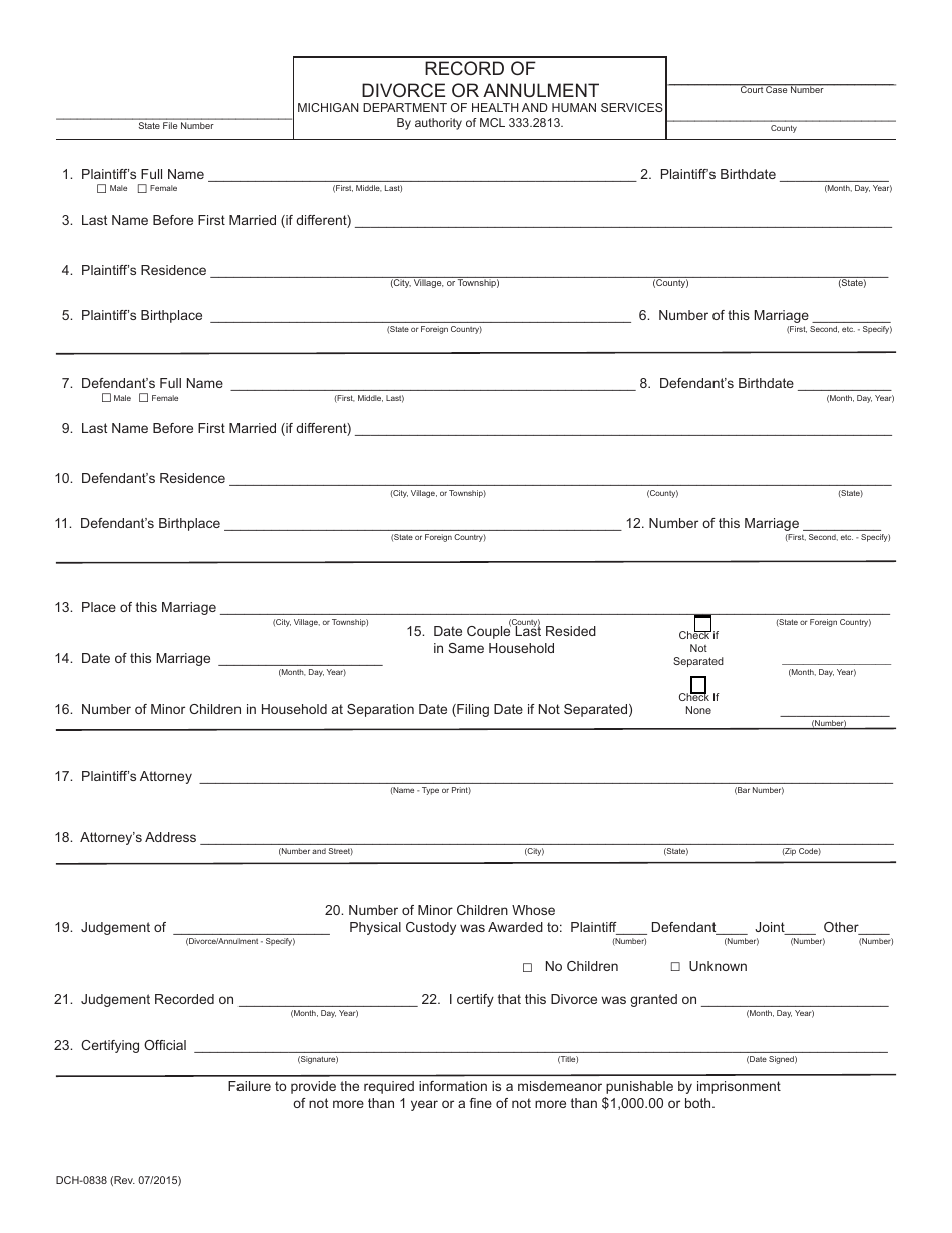 Form DCH-0838 Record of Divorce or Annulment - Michigan, Page 1