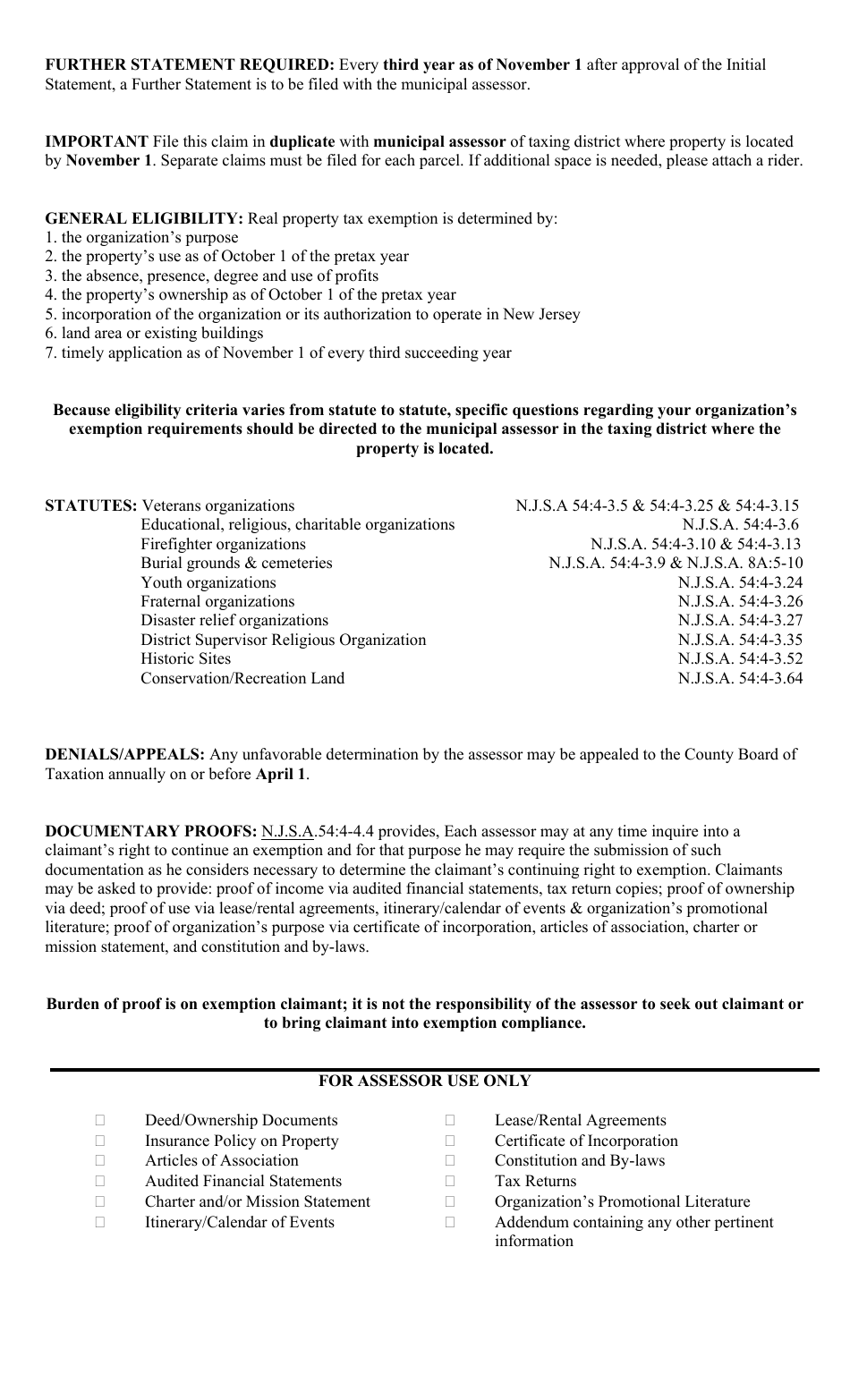 Form F.S. Further Statement of Organization Claiming Property Tax Exemption - New Jersey, Page 2