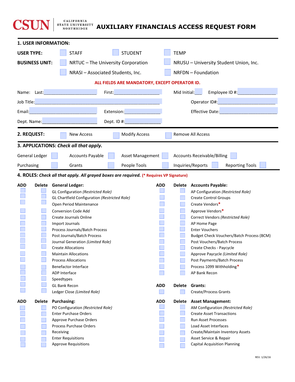 Auxiliary Financials Access Request Form - California State University Northridge, Page 1