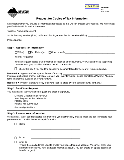 Form RTI Request for Copies of Tax Information - Montana