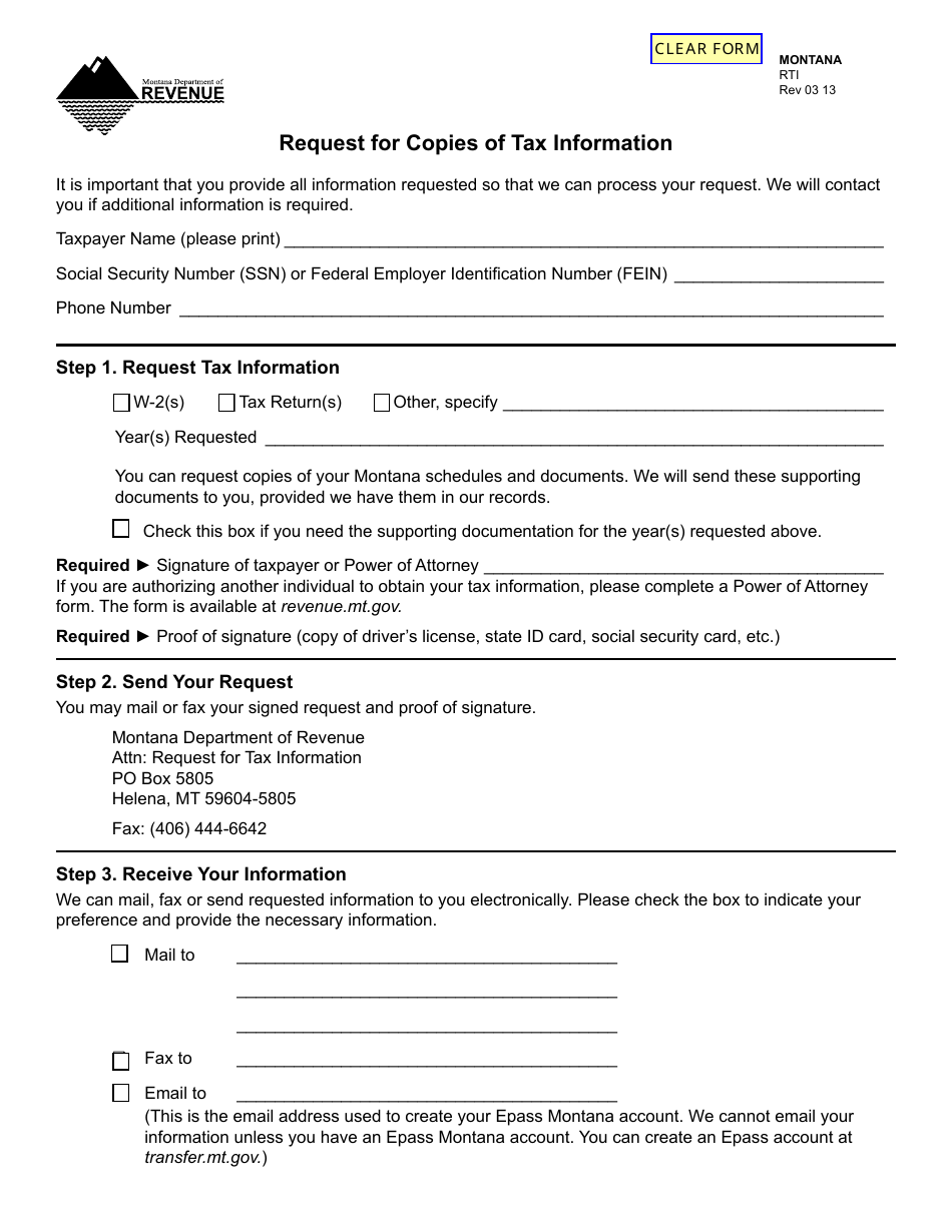 Form RTI Request for Copies of Tax Information - Montana, Page 1