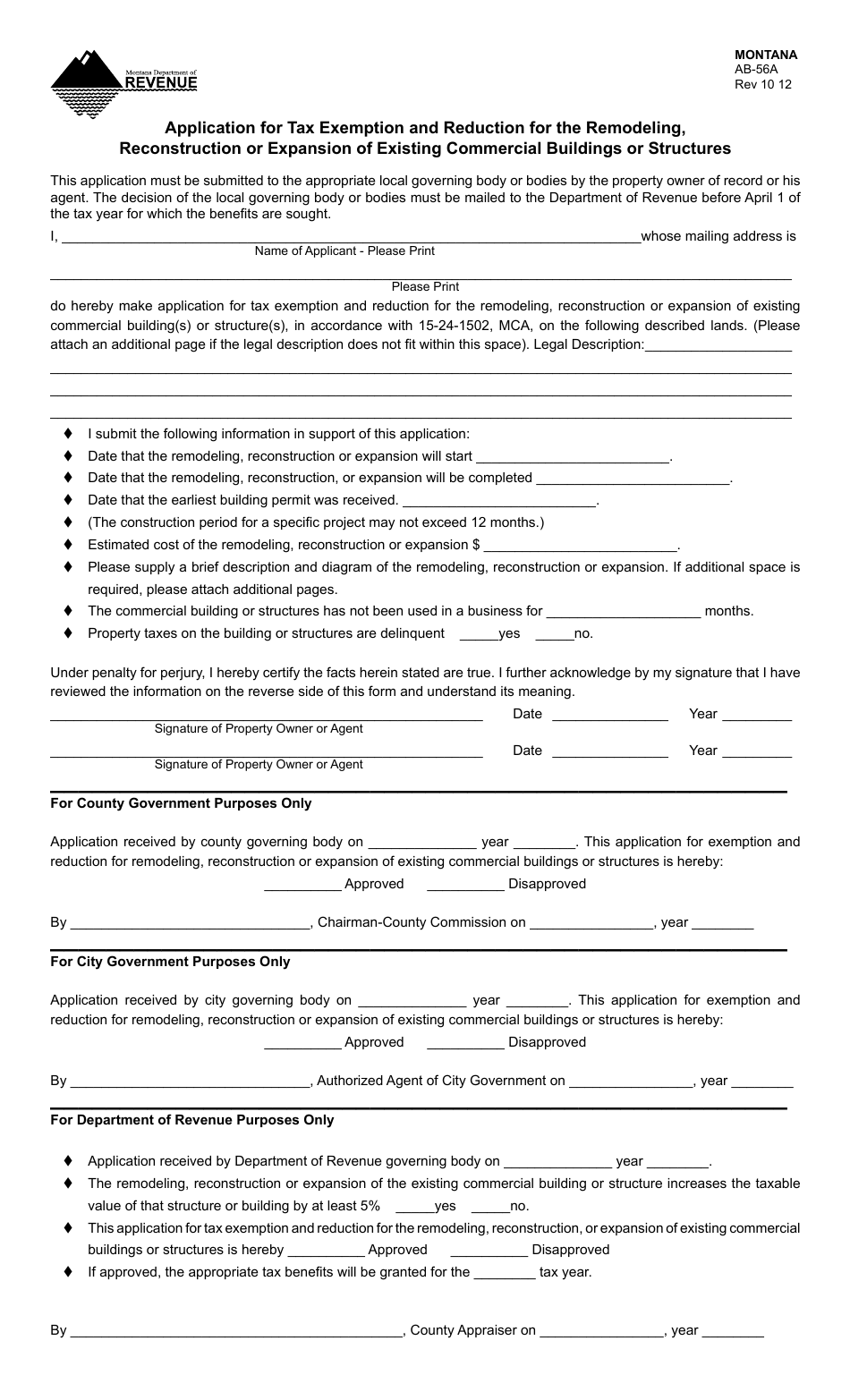 Form AB-56A Application for Tax Exemption and Reduction for the Remodeling, Reconstruction or Expansion of Existing Commercial Buildings or Structures - Montana, Page 1