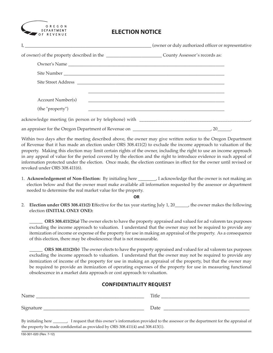 Form 150-301-020 Election Notice - Oregon, Page 1