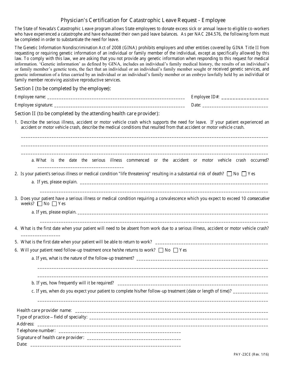 Form PAY-23CE Physicians Certification for Catastrophic Leave Request - Employee - Nevada, Page 1