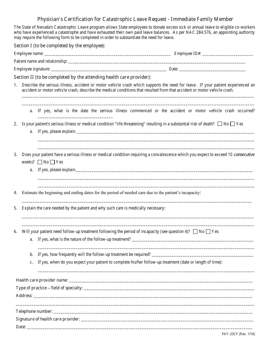 Form PAY-23CF Physicians Certification for Catastrophic Leave Request - Immediate Family Member - Nevada, Page 1