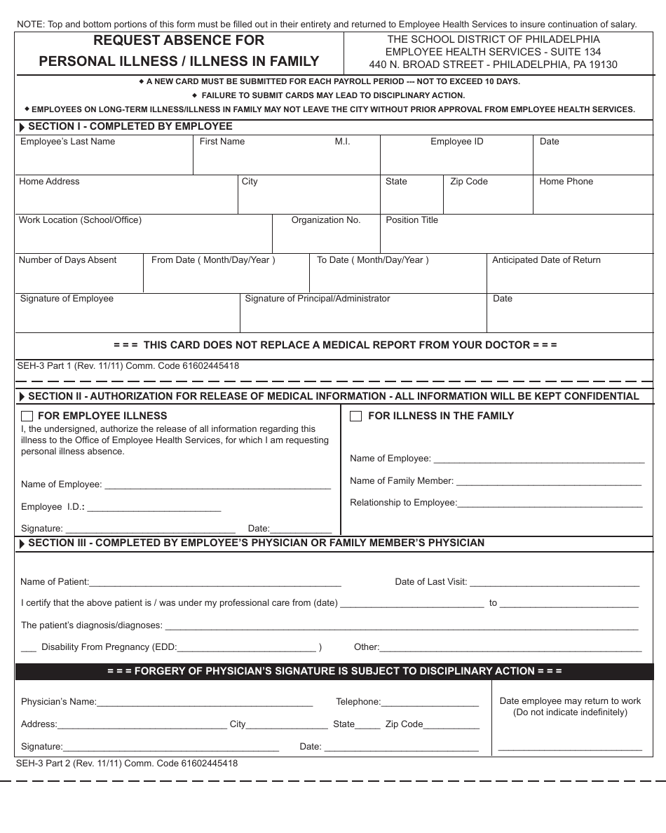 Request Absence for Personal Illness / Illness in Family - School District of Philadelphia, Page 1