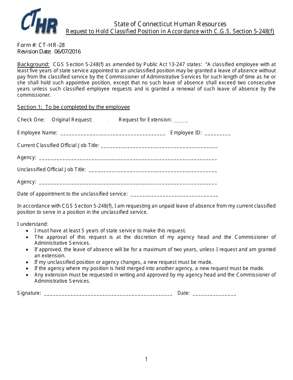 Form CT-HR-28 Request to Hold Classified Position in Accordance With C.g.s. Section 5-248(F) - Connecticut, Page 1