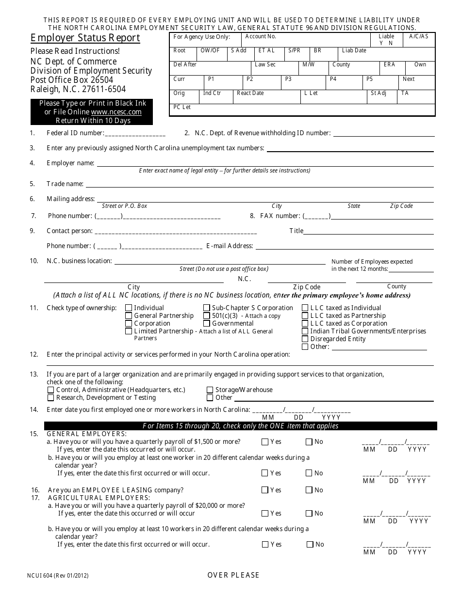 Form 604 Employer Status Report - North Carolina, Page 1