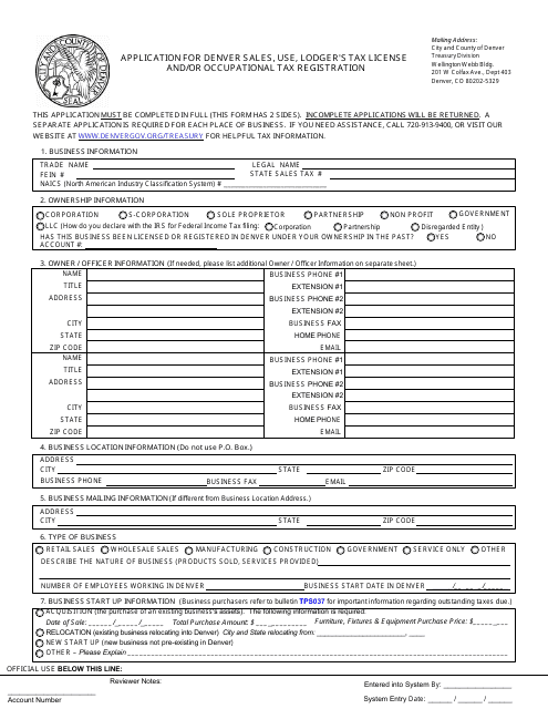 Application for Denver Sales, Use, Lodger's Tax License and / or Occupational Tax Registration - City and County of Denver, Colorado Download Pdf