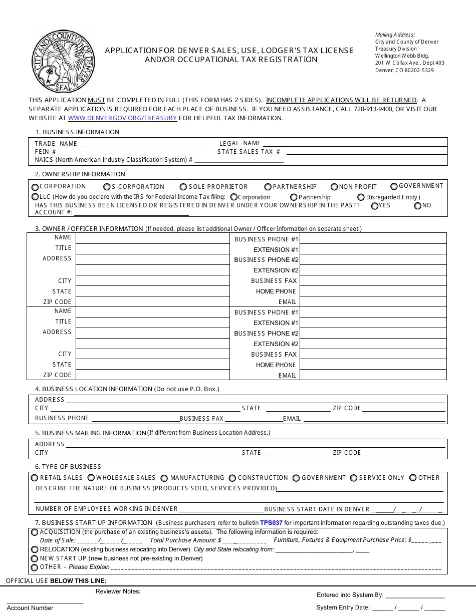Application for Denver Sales, Use, Lodgers Tax License and / or Occupational Tax Registration - City and County of Denver, Colorado, Page 1