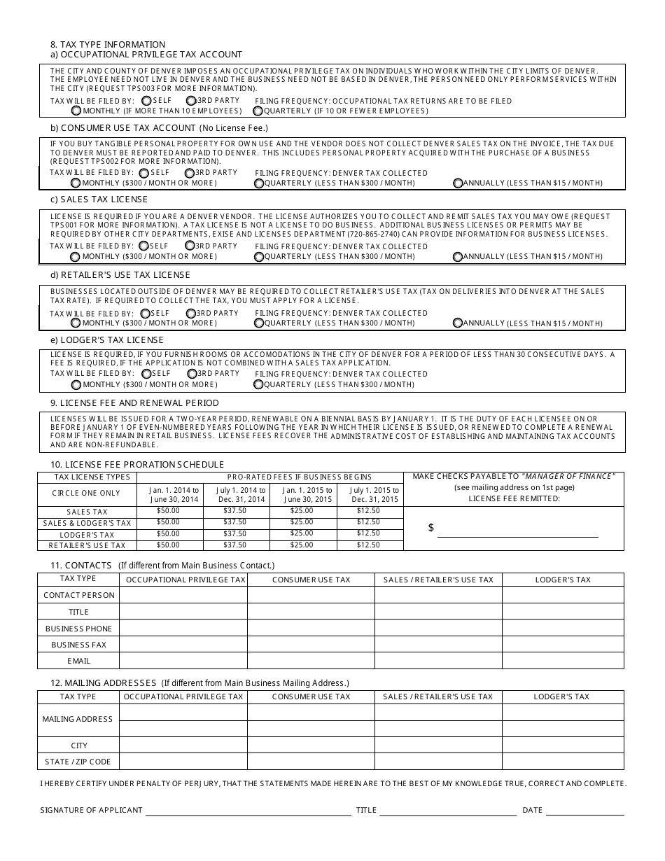 Application for Denver Sales, Use, Lodgers Tax License and / or Occupational Tax Registration - City and County of Denver, Colorado, Page 2