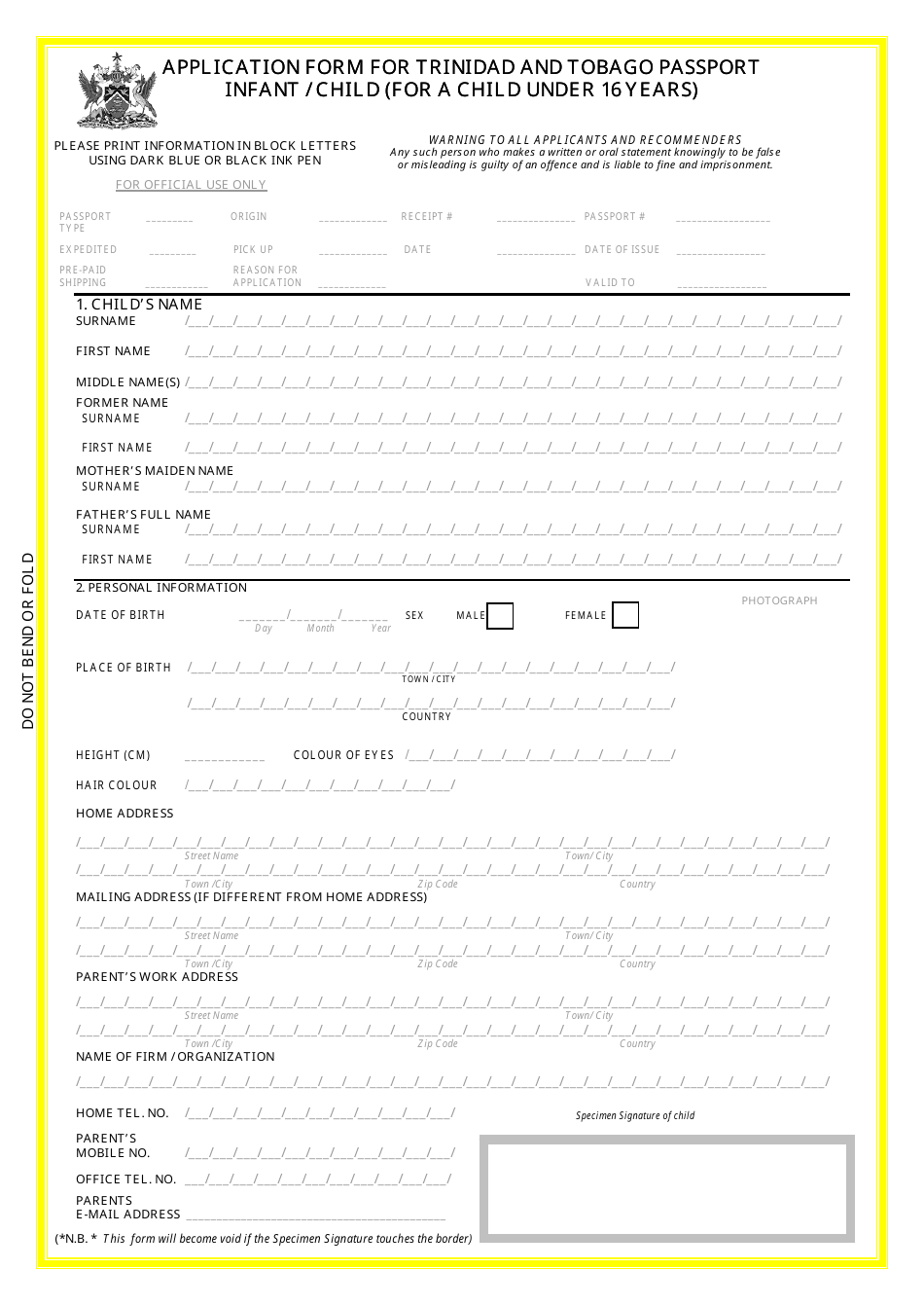 Application Form for Trinidad and Tobago Passport Infant / Child (For a Child Under 16 Years) - Trinidad and Tobago, Page 1
