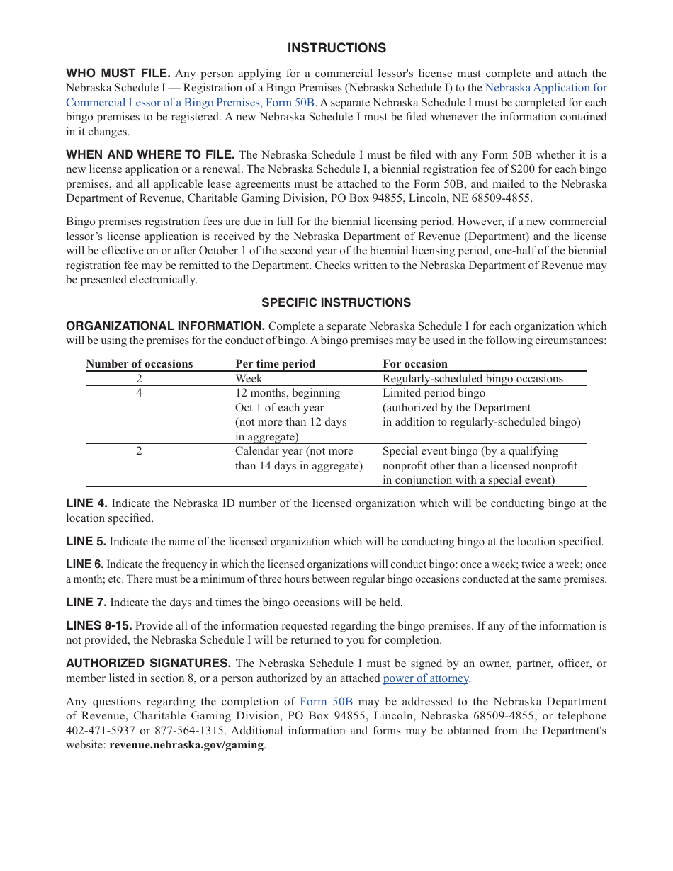 Form 50B Schedule I Registration of a Bingo Premises - Nebraska, Page 2