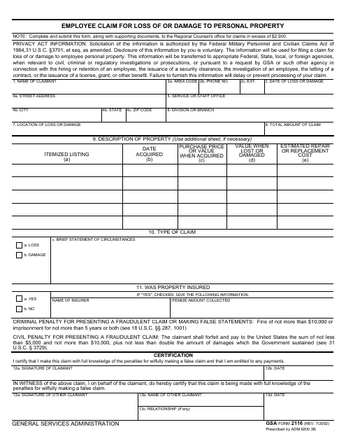 GSA Form 2116 Employee Claim for Loss of or Damage to Personal Property