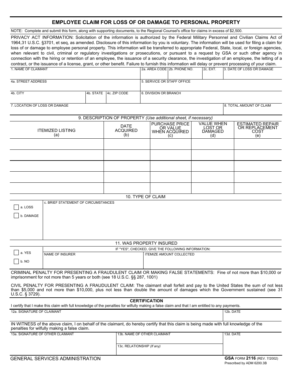 GSA Form 2116 Employee Claim for Loss of or Damage to Personal Property, Page 1