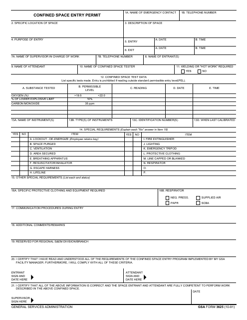 GSA Form 3625 Confined Space Entry Permit