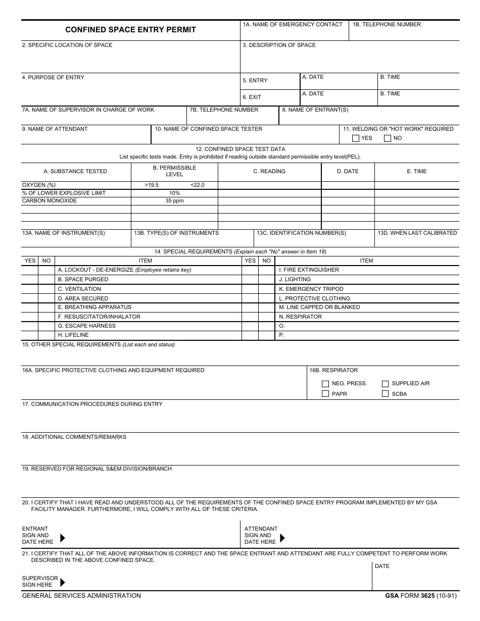 GSA Form 3625 Confined Space Entry Permit, Page 1