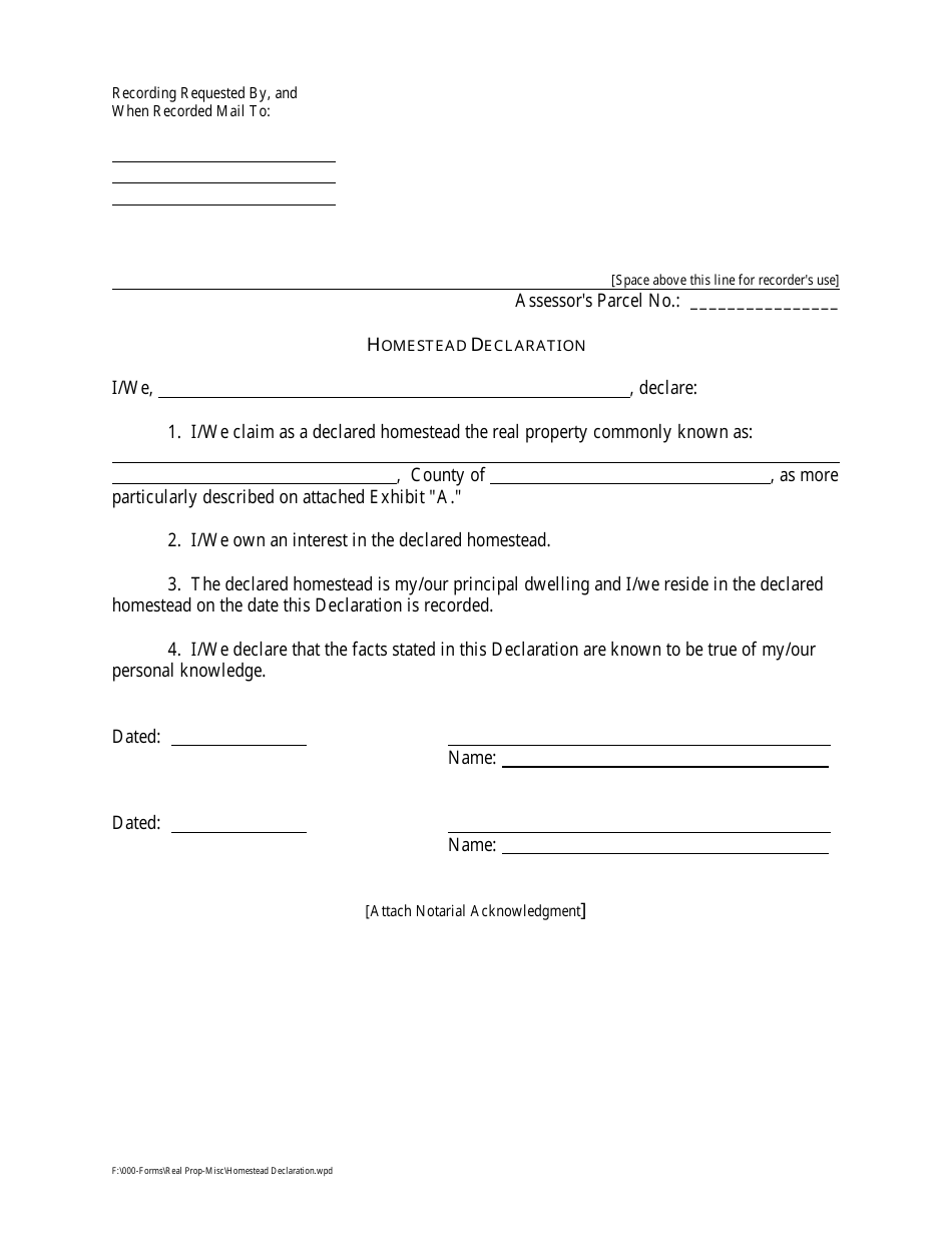 Homestead Declaration Form, Page 1