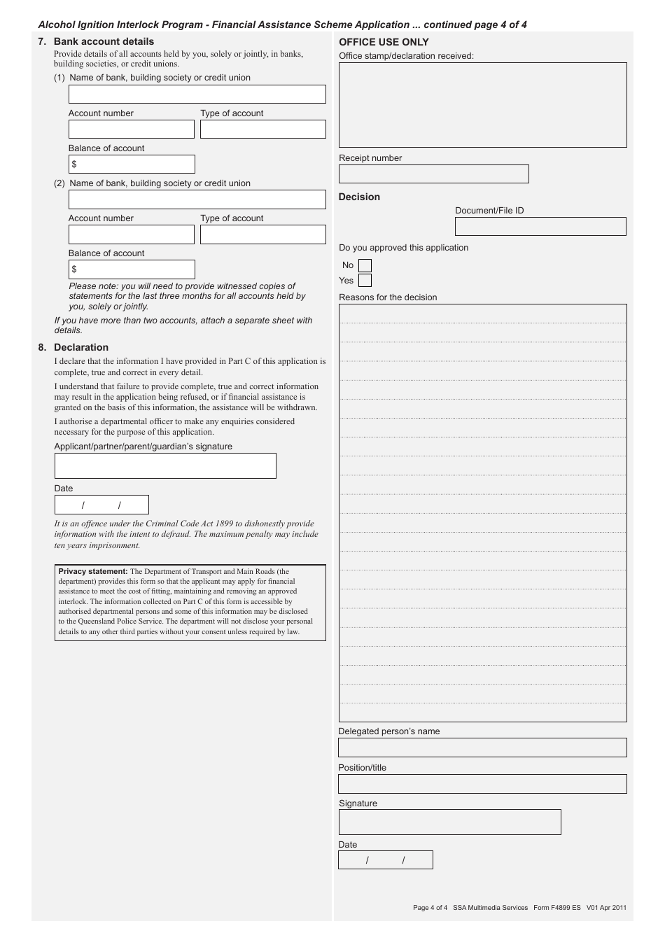 Form 4899 ES Financial Assistance Scheme Application - Alcohol Ignition Interlock Program - Queensland, Australia, Page 4