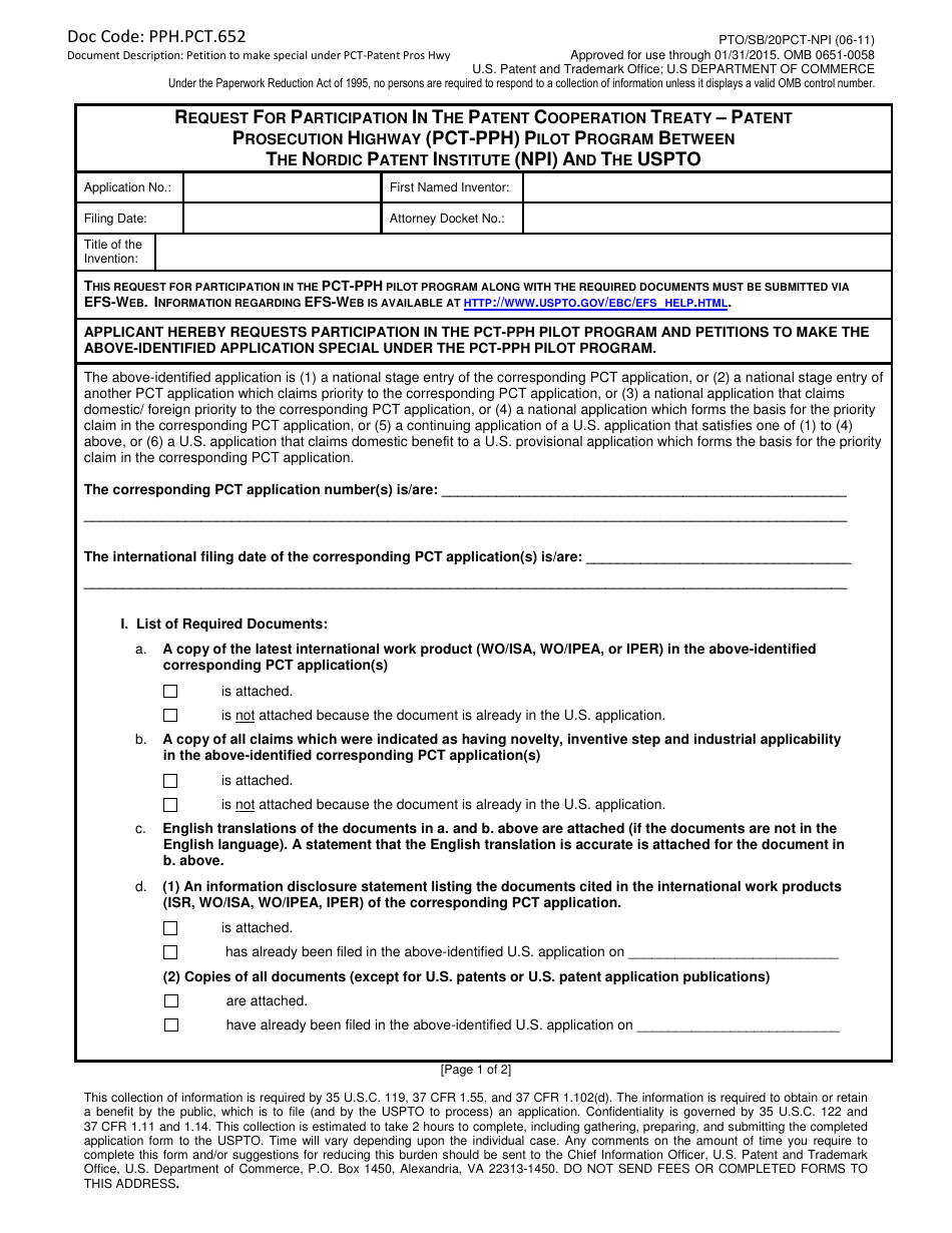 Form PTO/SB/20PCT-NPI - Fill Out, Sign Online And Download Fillable PDF ...