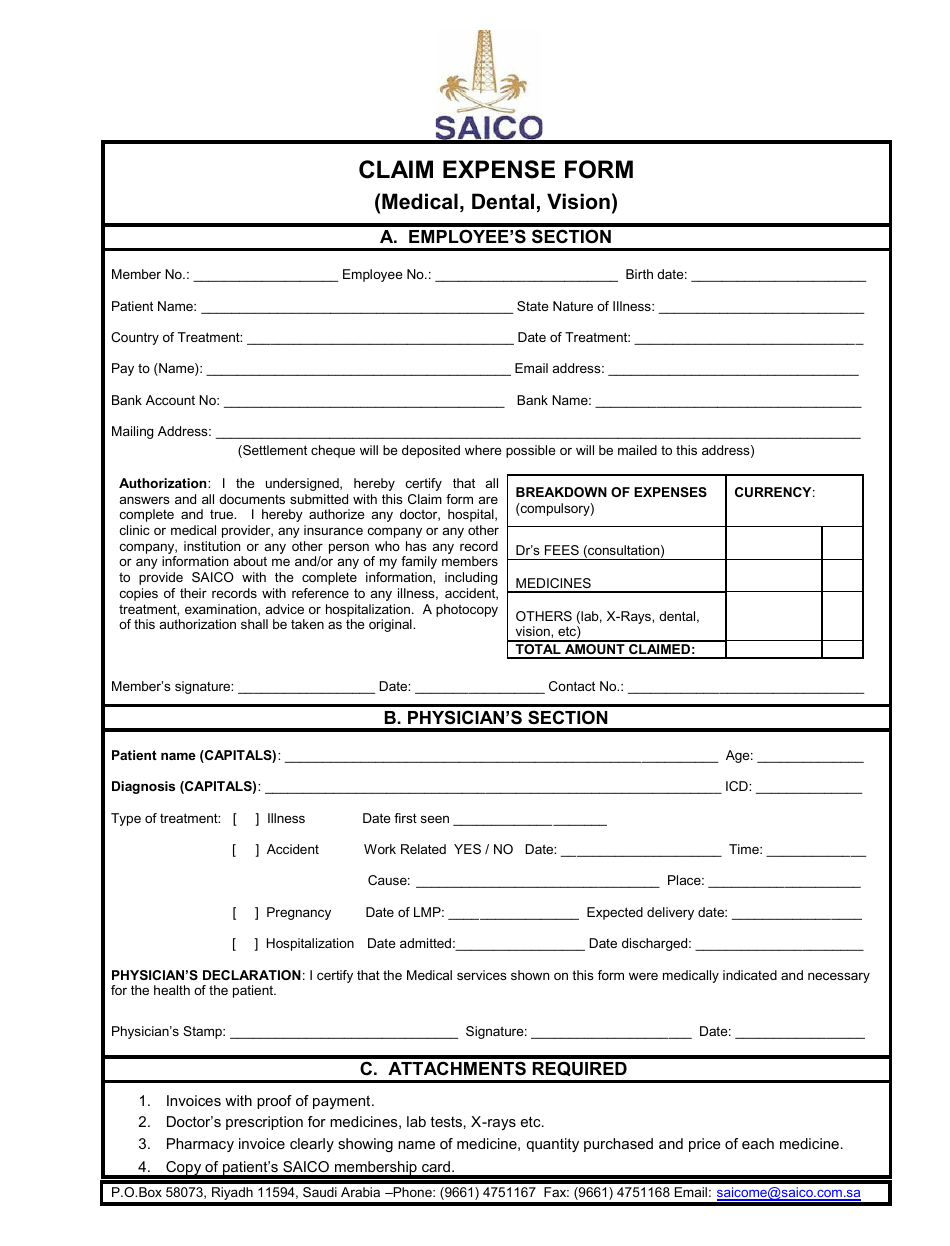 Riyadh Region Saudi Arabia Medical Dental Vision Claim Expense Form Saico Download Printable Pdf Templateroller