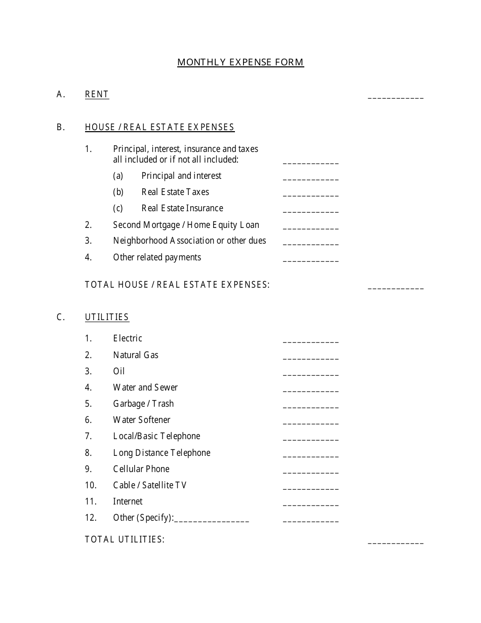 Monthly Expense Form, Page 1