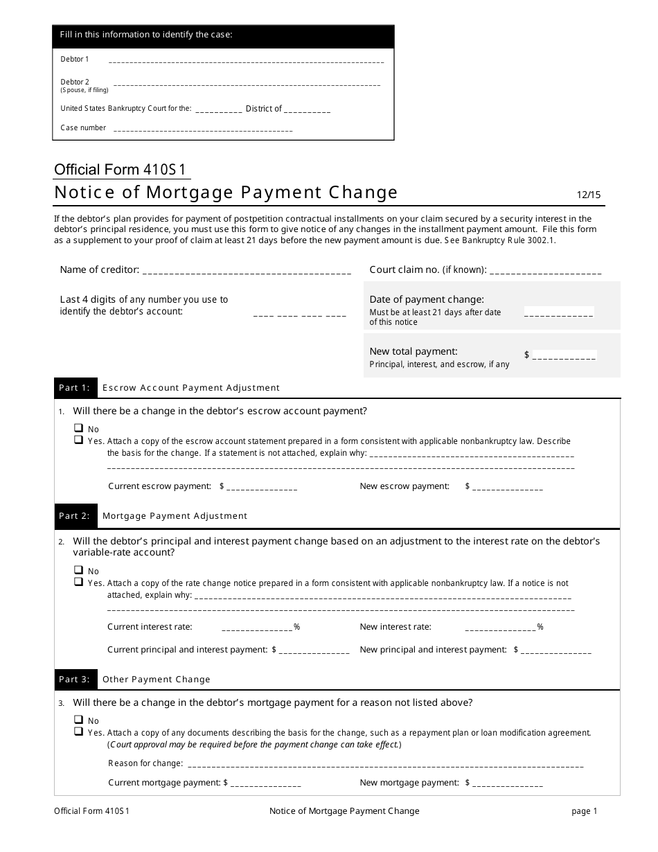 Official Form 410S1 Notice of Mortgage Payment Change Form, Page 1