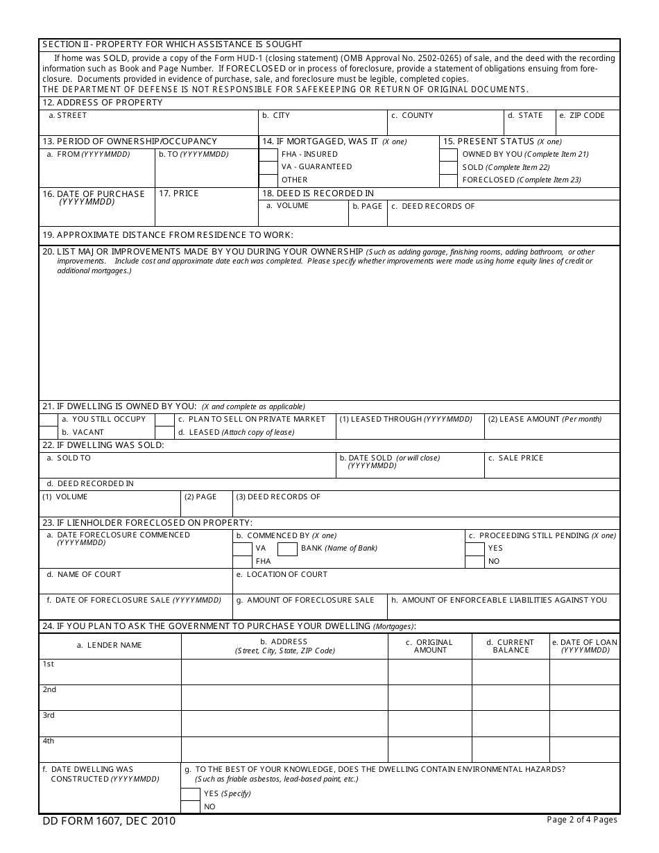 DD Form 1607 Application for Homeowners Assistance, Page 3