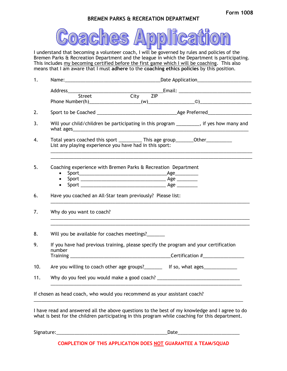Form 1008 Coaches Application - City of Bremen, Georgia (United States), Page 1