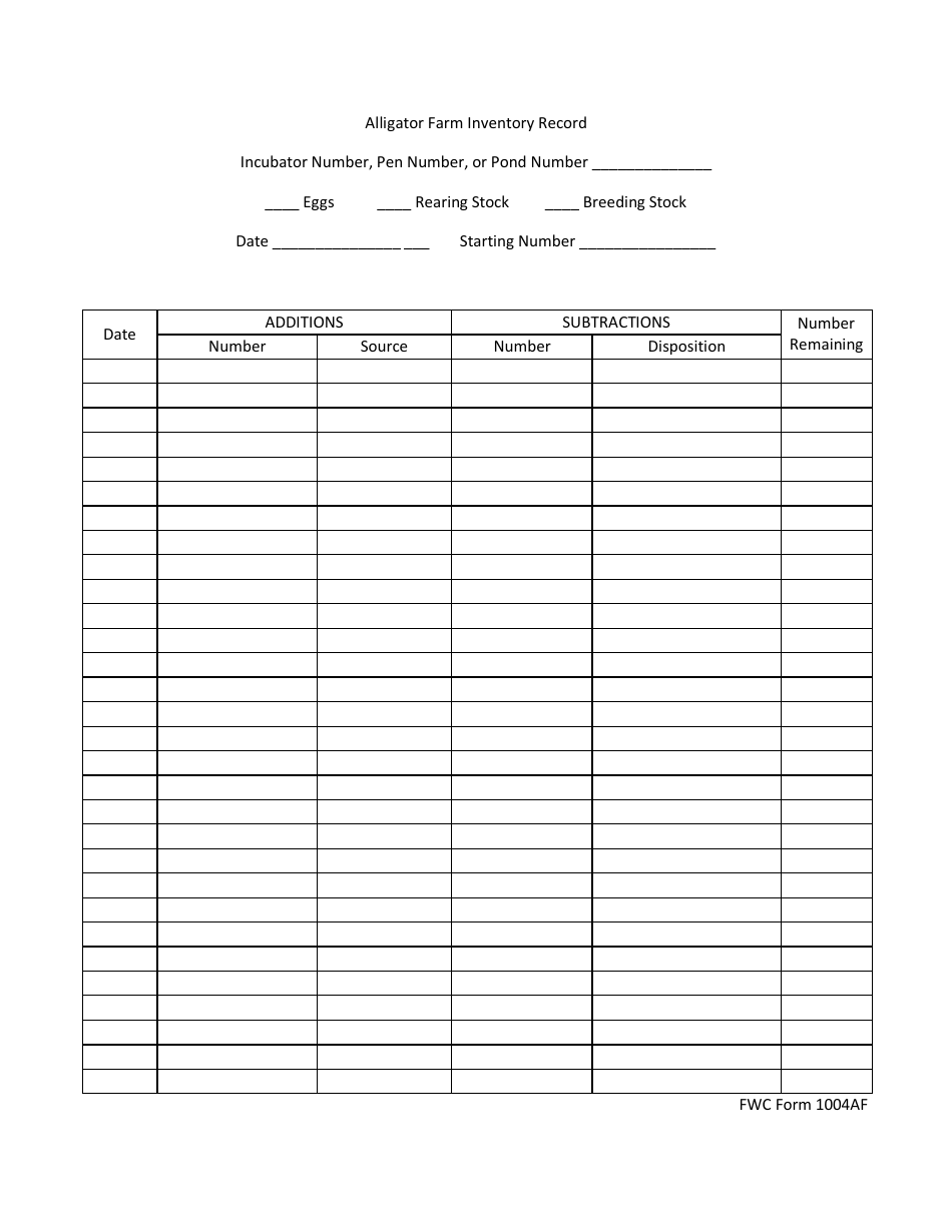 Form 1004af Alligator Farm Inventory Record Template - Florida, Page 1